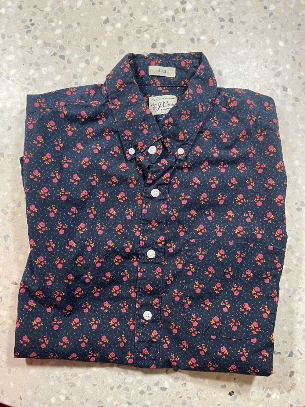 J.Crew Mens Secret Wash Shirt Navy Floral Slim Fit Short Sleeve Stretch Small S